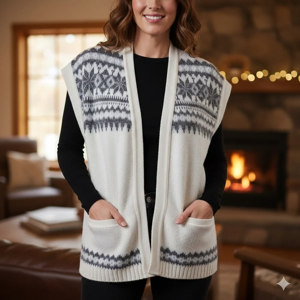 Ice Castles Women's Cream Vintage Fair Isle Knit Open Front Vest Size M/L - Picture 1 of 7